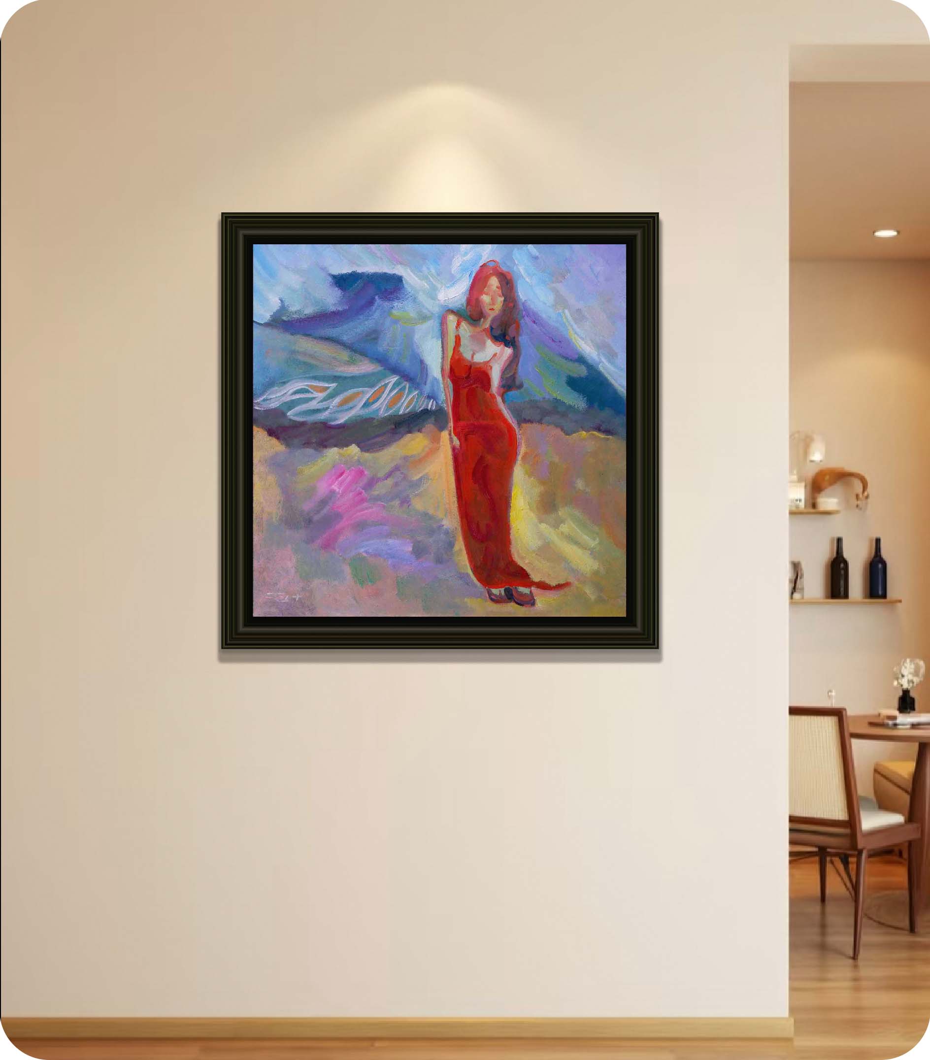 yellow hues beach figure painting in room