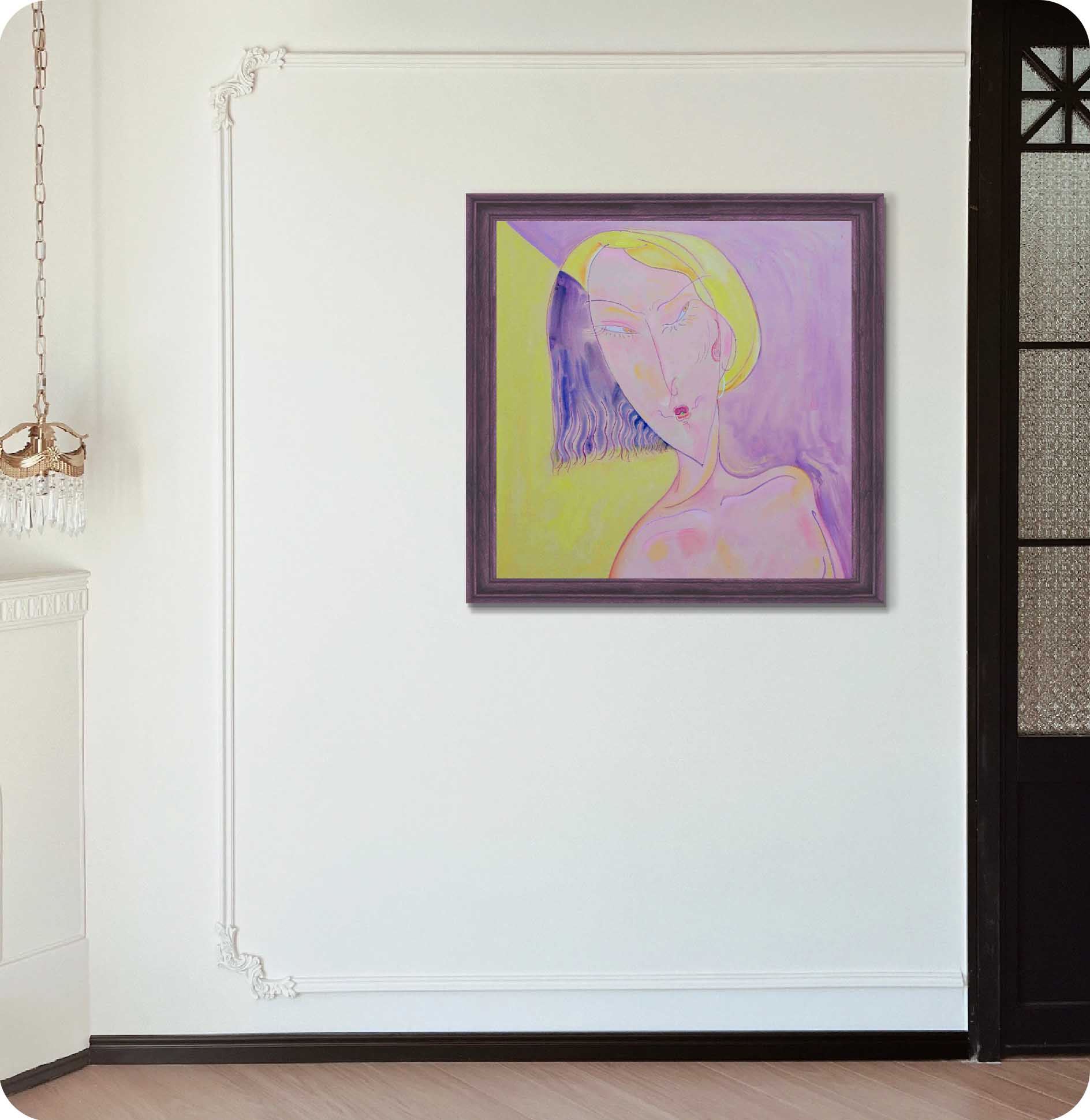 Purple abstract portrait acrylic painting in wall