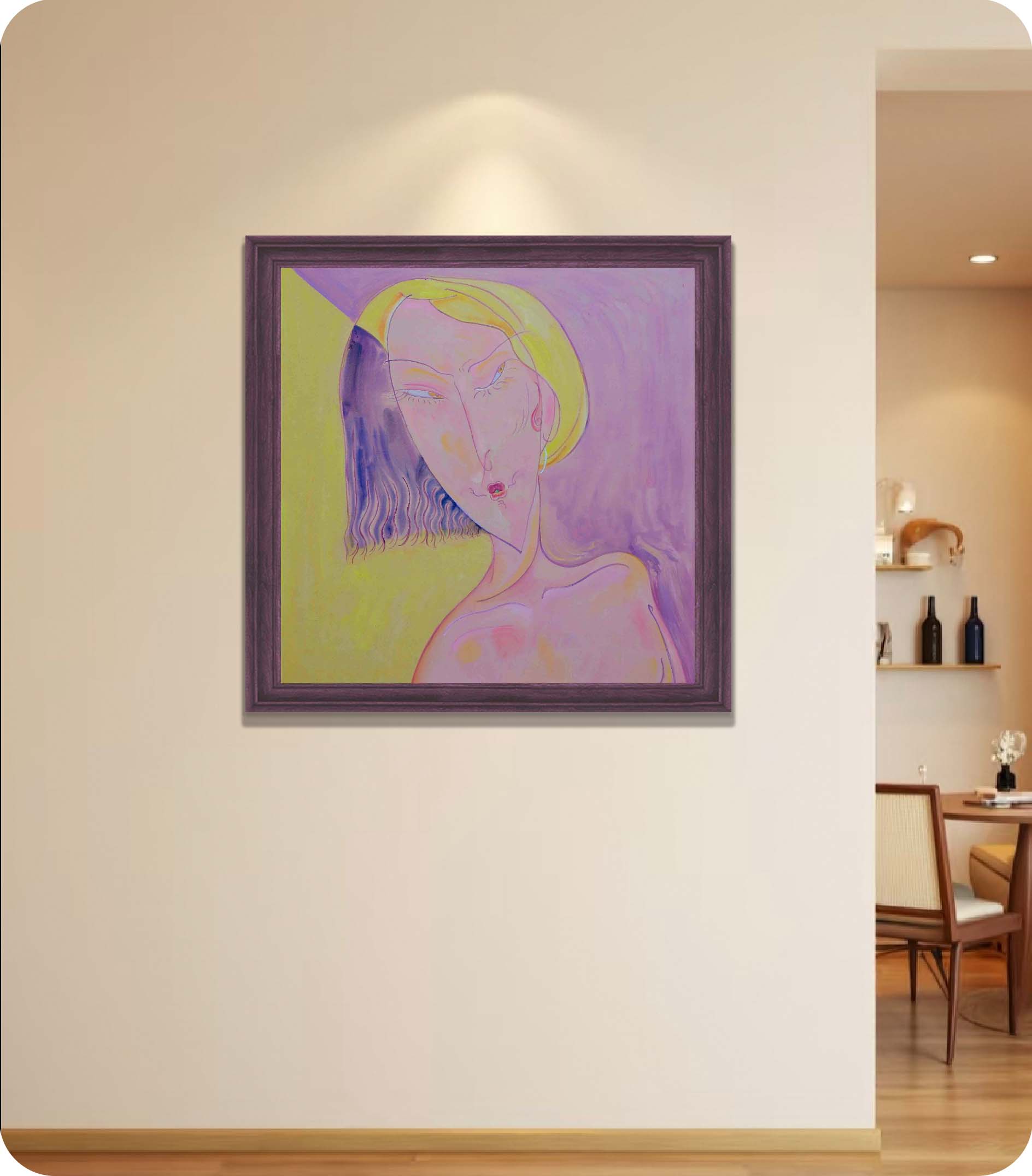 Purple abstract portrait acrylic painting in room