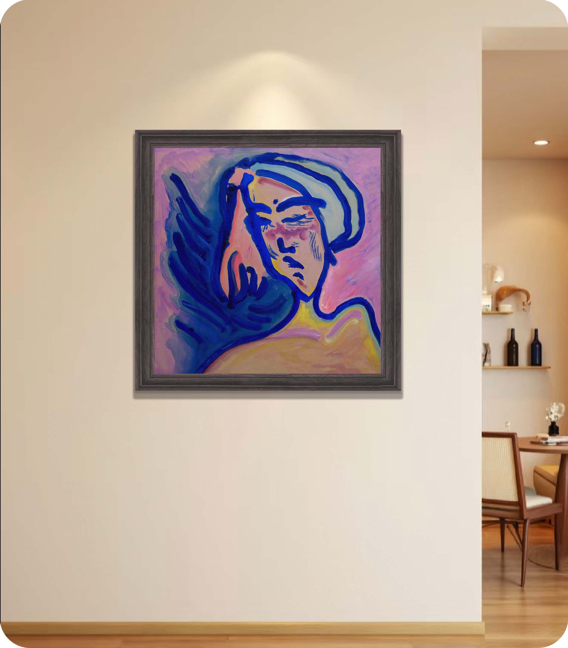 Line portrait acrylic painting in room