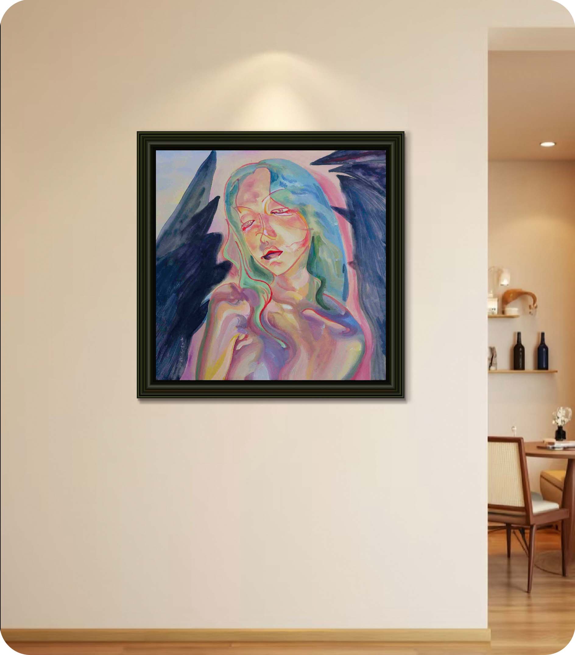 Emotional portrait acrylic painting in room