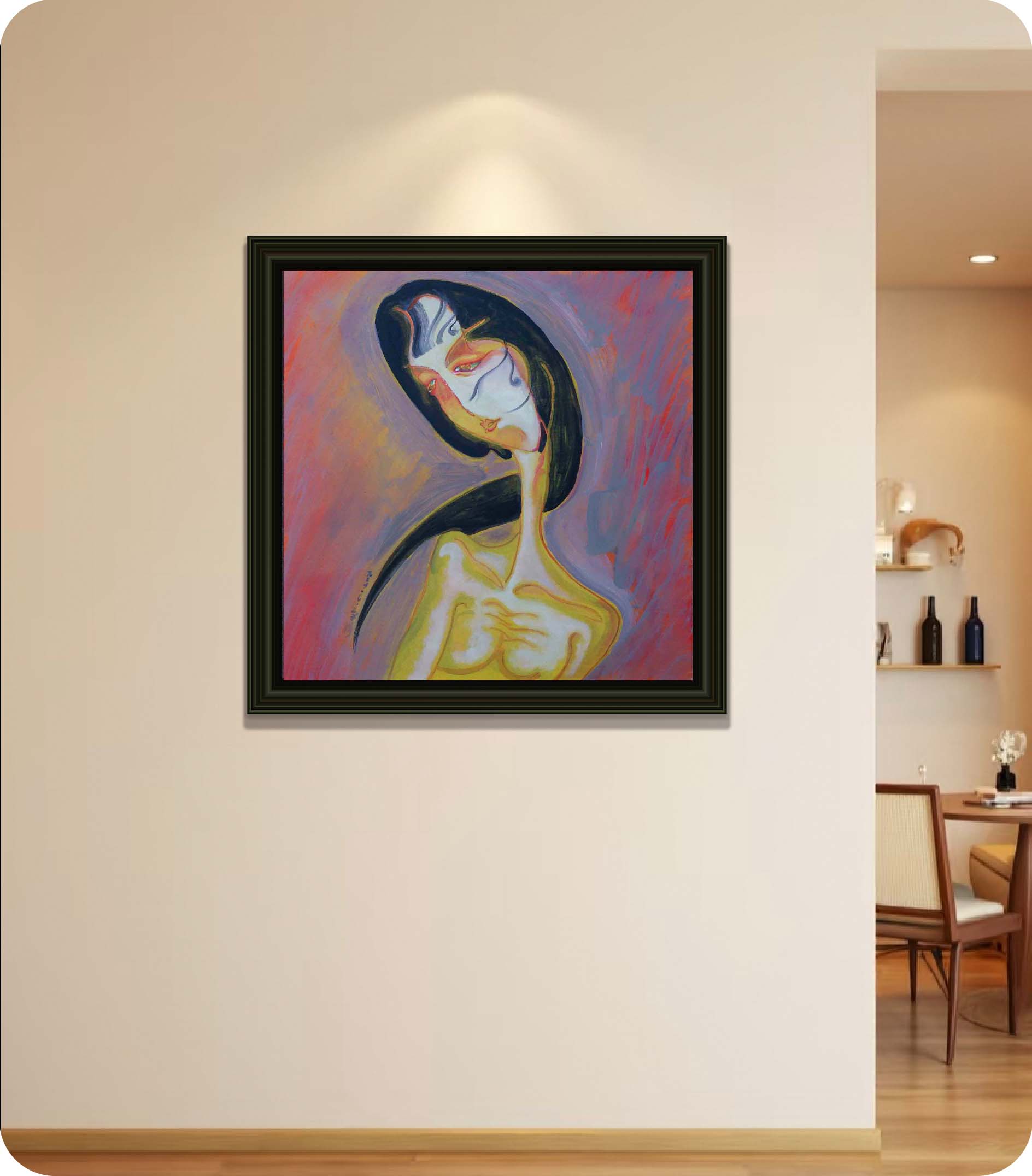 Dramatic female oil painting in room