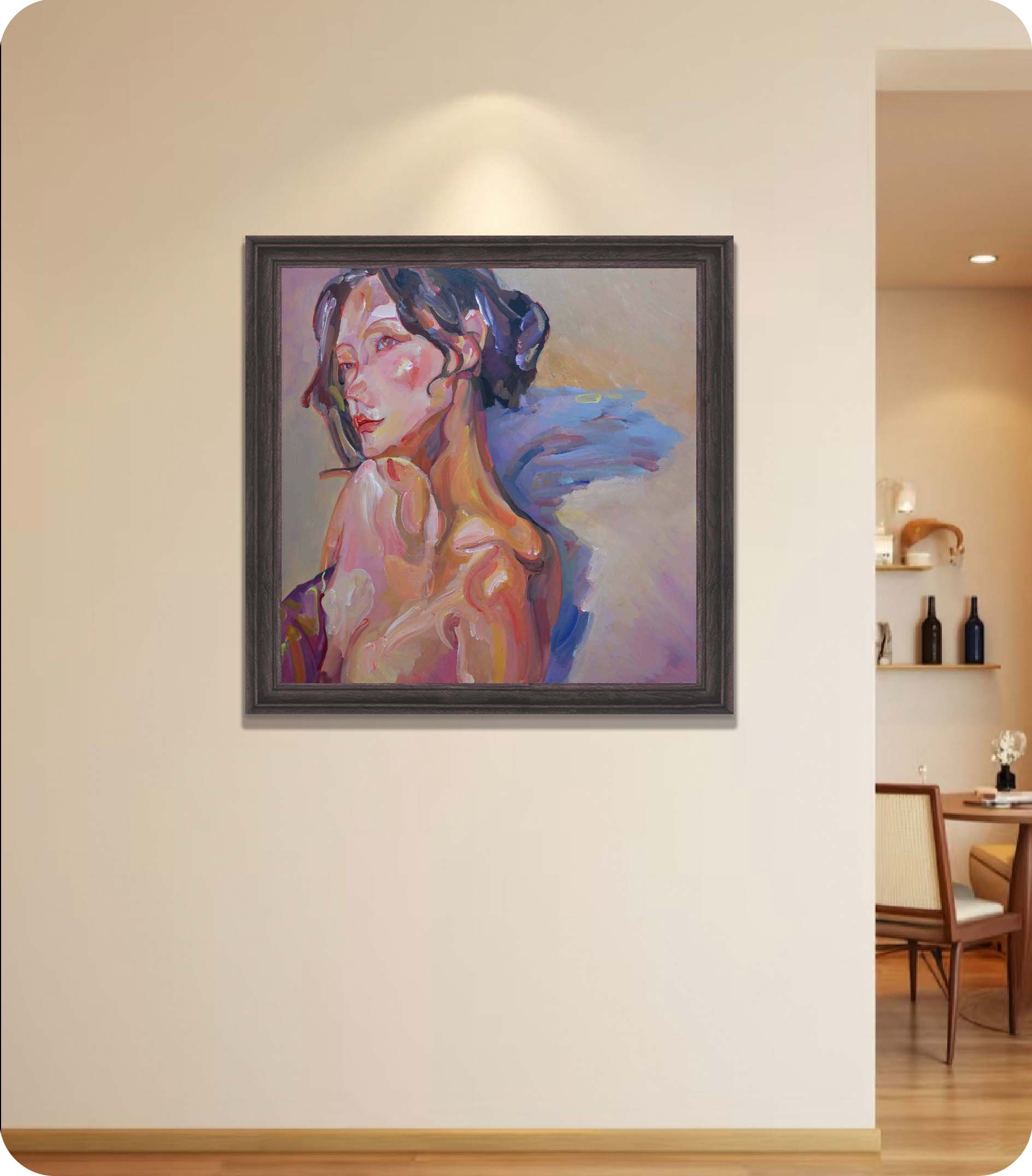 a half-length female figure in room