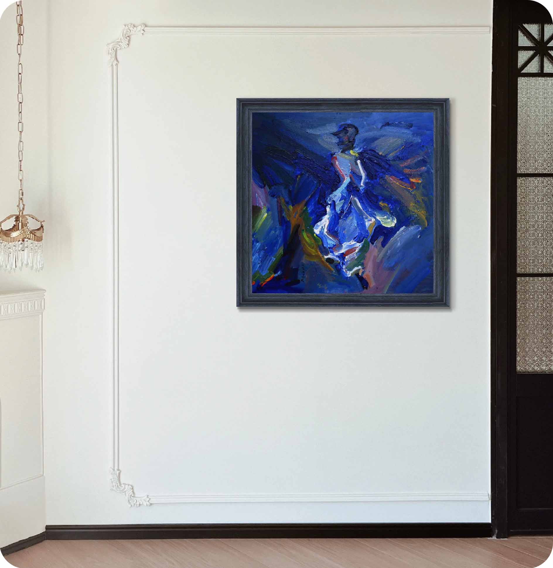 deep blue tones abstract figure painting in wall