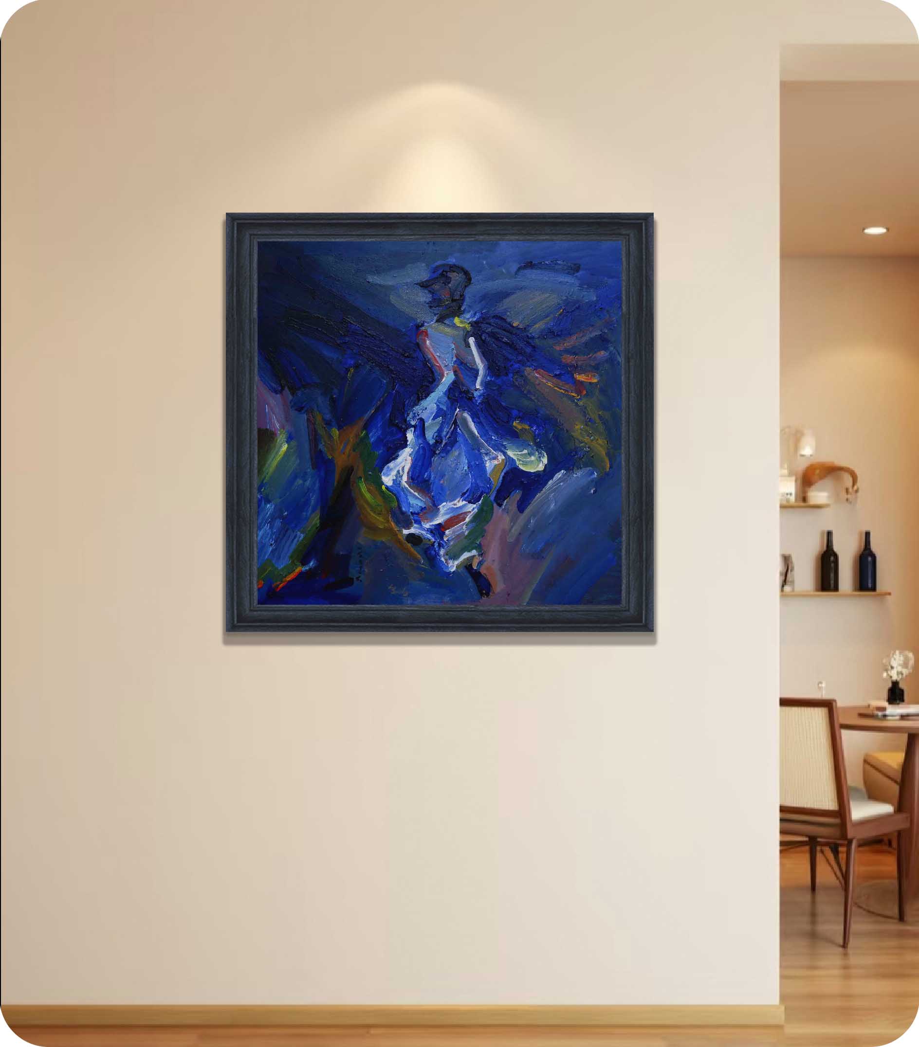 deep blue tones abstract figure painting in room