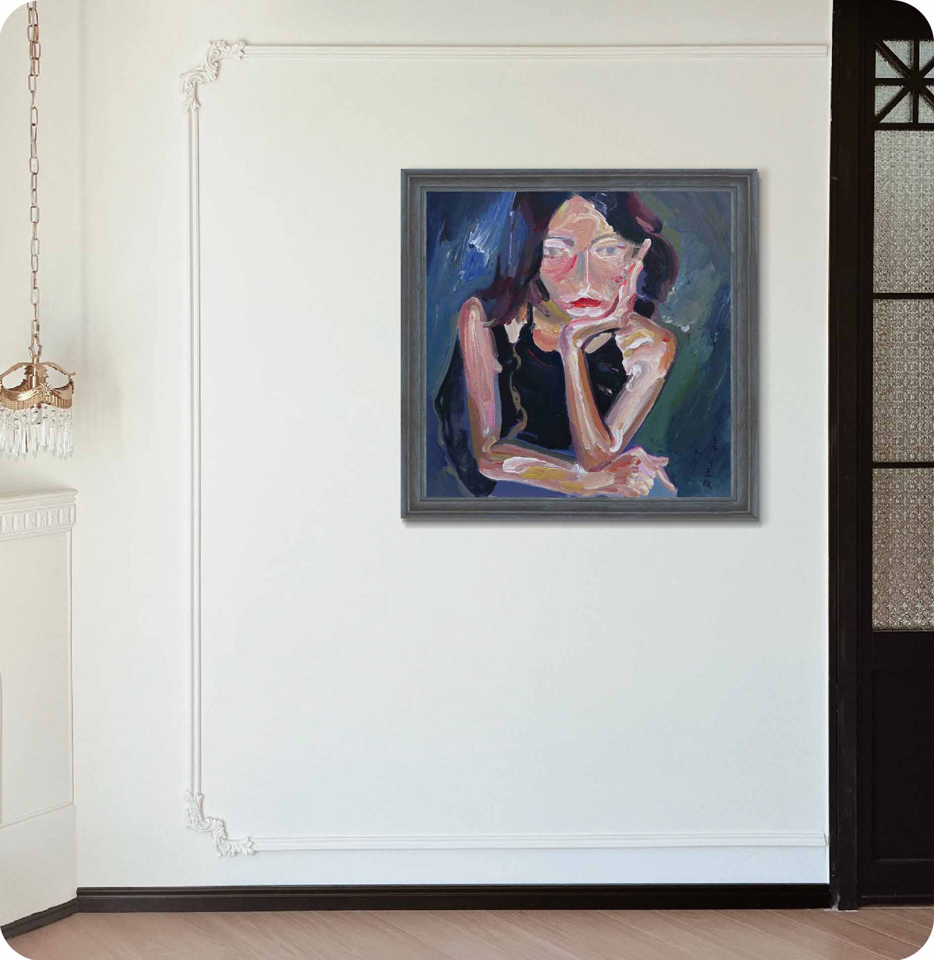 Contemporary female portrait oil painting in wall