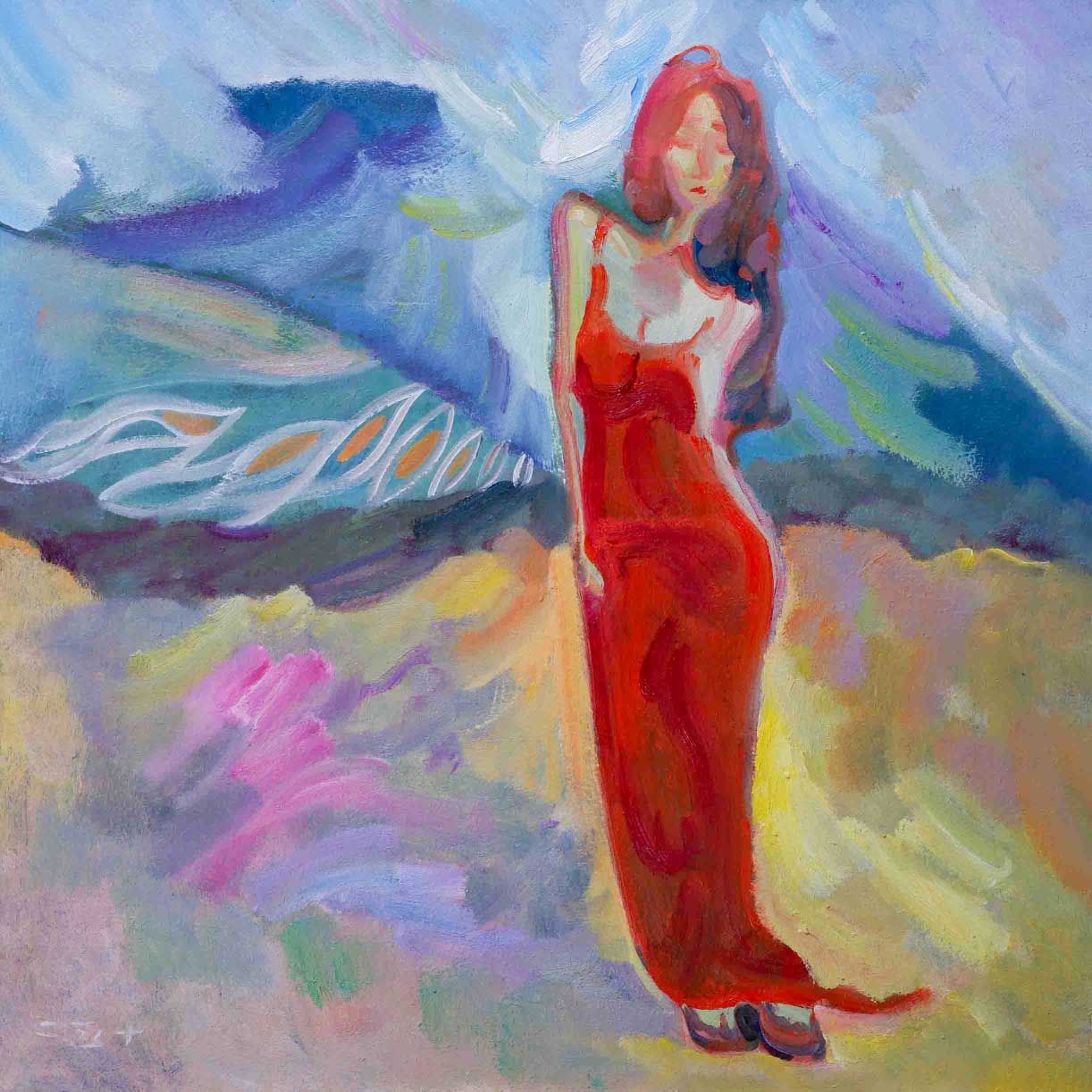 yellow hues beach figure painting