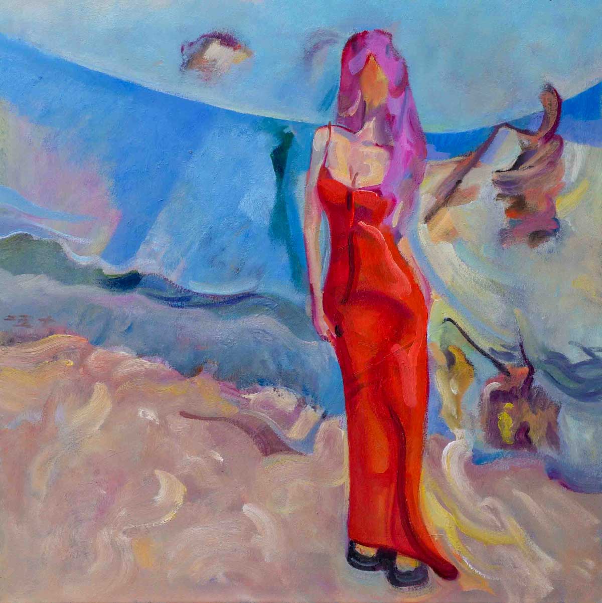 Beach Girl in Red Dress with Withered Flowers