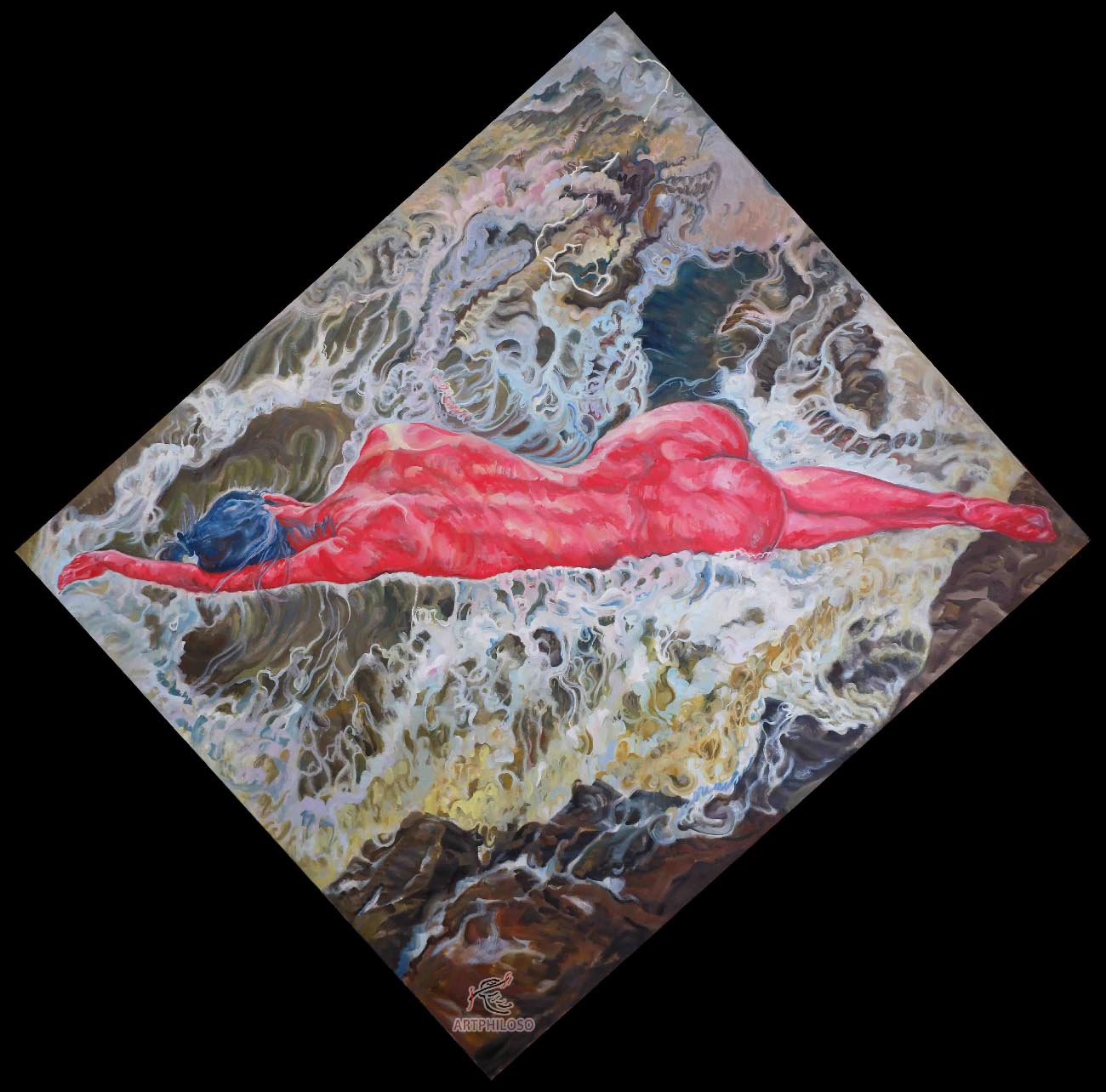 Oil painting of a red nude figure in the waves