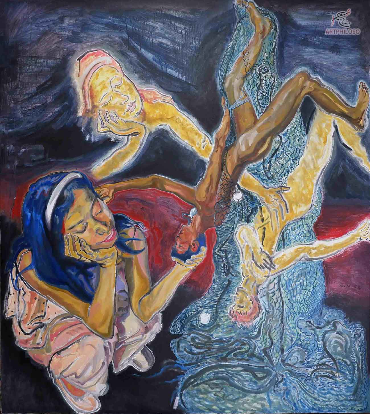 Surreal Oil Painting of Nude Figures in a Mysterious Scene