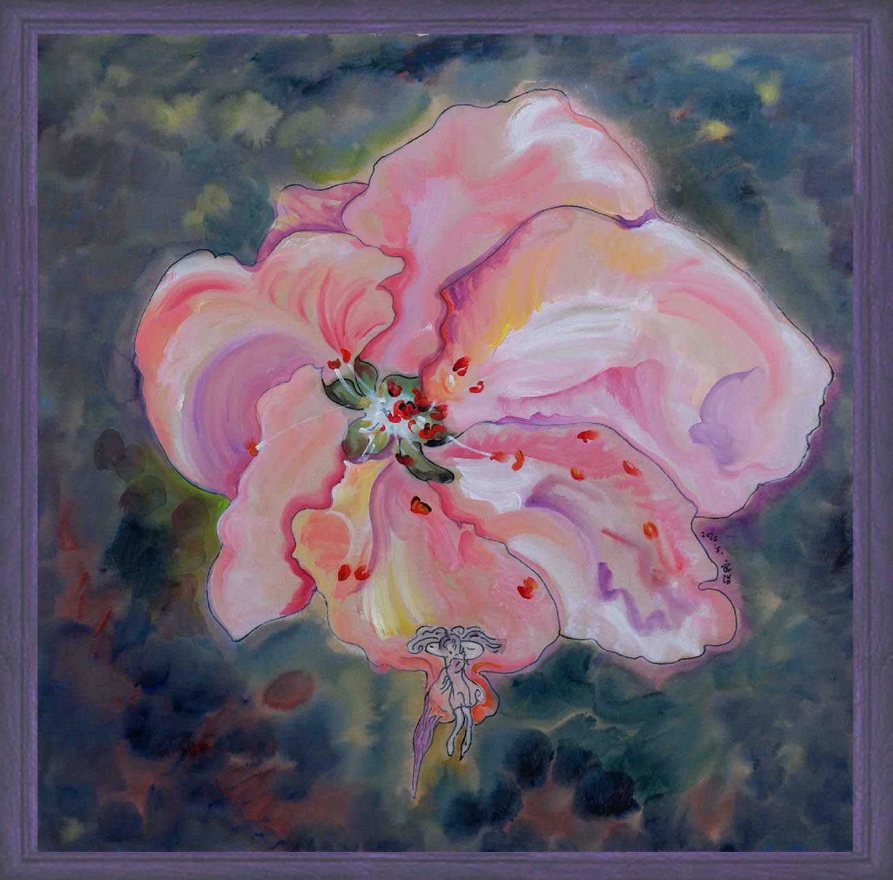 Blooming Peach Blossom Painting with Fairies