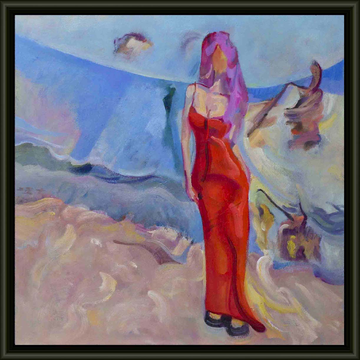 Beach Girl in Red Dress with Withered Flowers