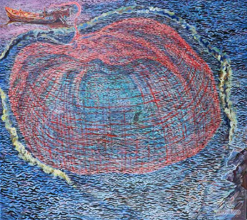 Oil Painting of Fishing Boat and Fishing Net in the Sea