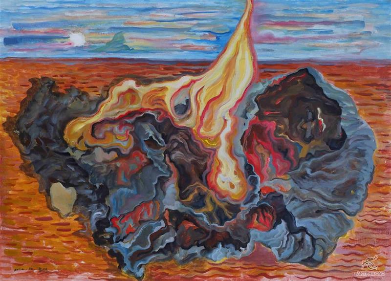 Surreal oil painting on paper with fire elements