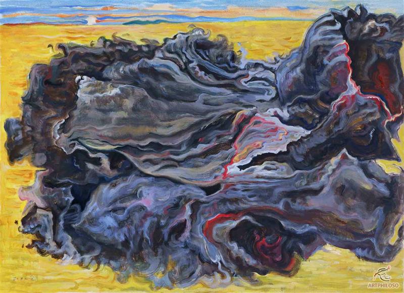 Surreal figurative oil painting on paper with extinguished flames