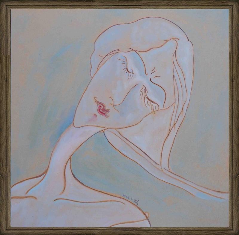 Minimalist Line Female Portrait with Long Neck and Tilted Head Frowning Expression in Light Colors