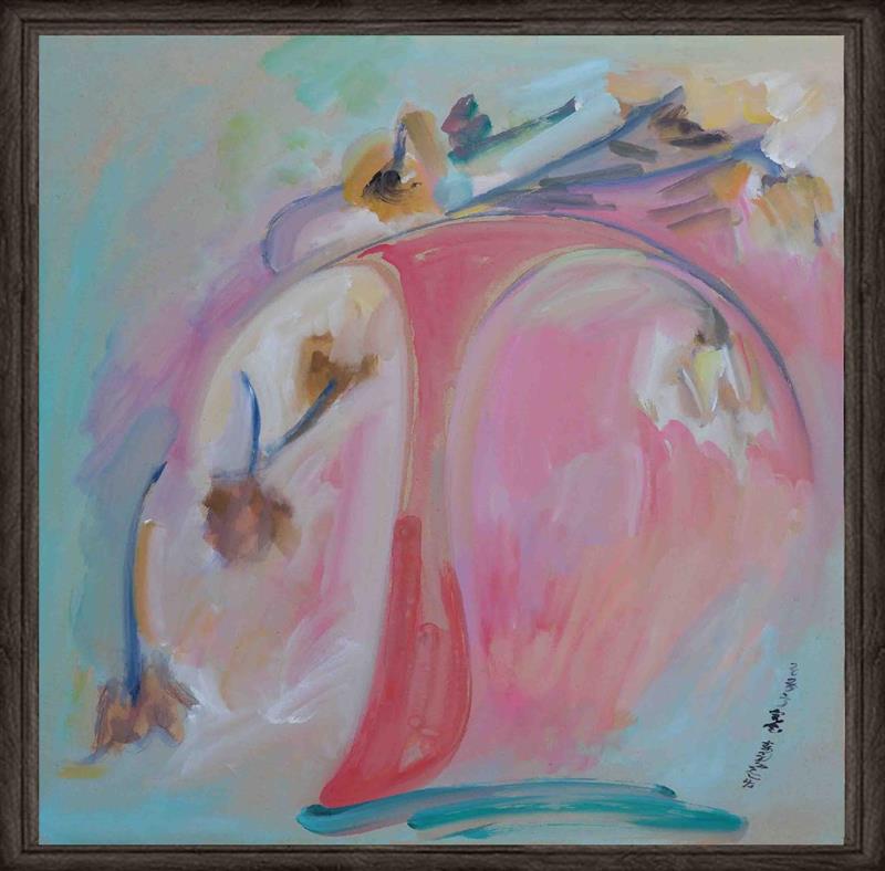 Pink Minimalist Abstract Flower Painting on Light Blue Background