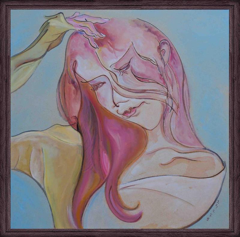 Soft Pink Gentle Female Portrait on Light Blue Background