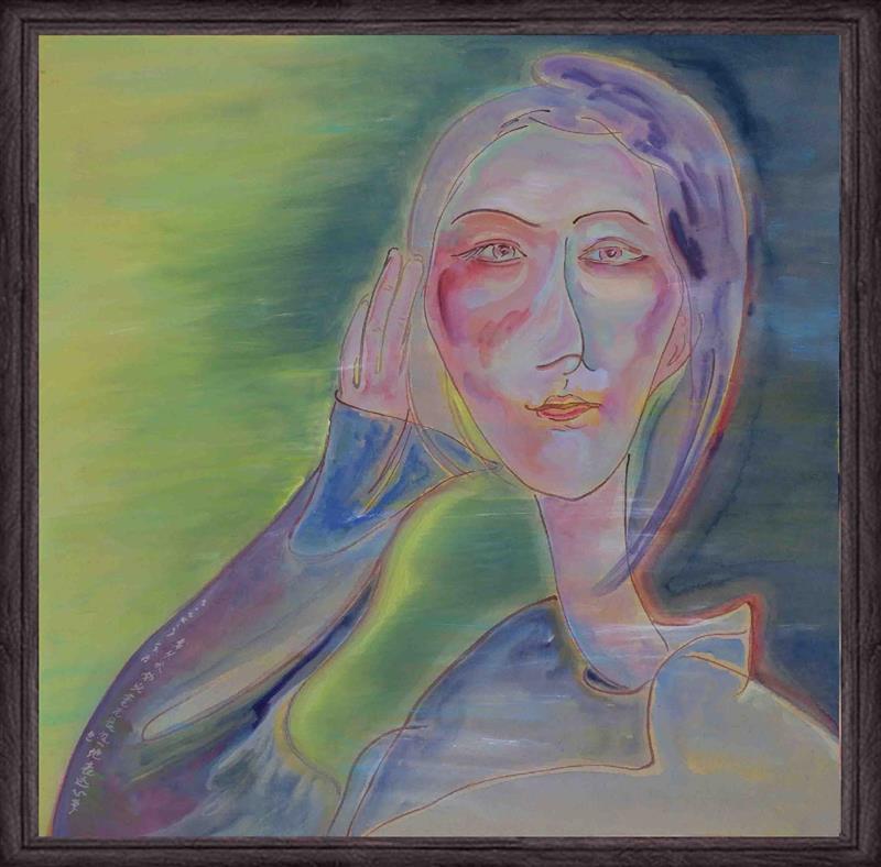 Green and Violet Tones Acrylic Portrait on Wood Panel