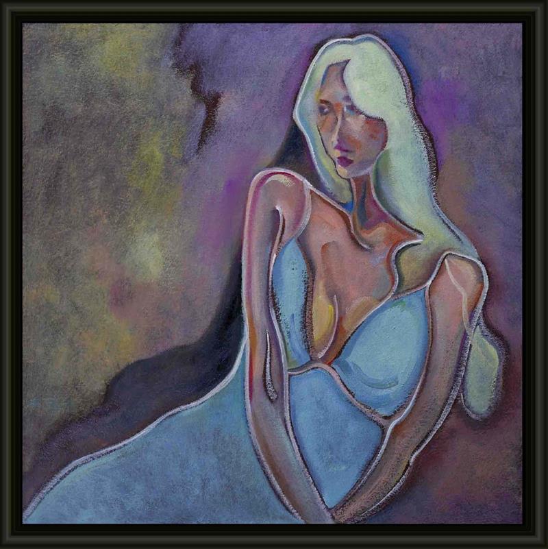 Mysterious Woman in Blue Dress Impasto Oil Painting