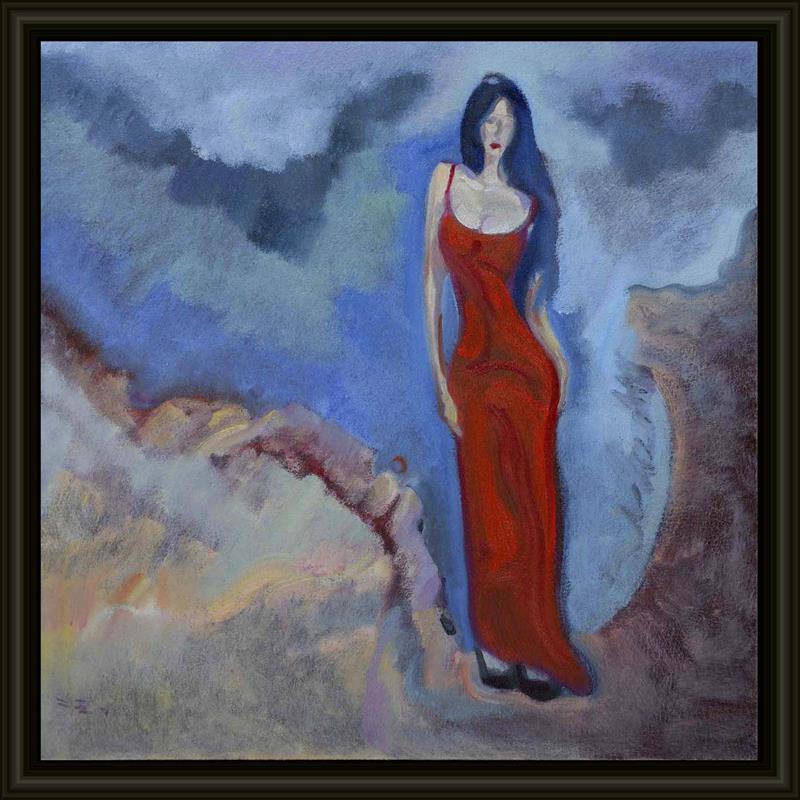 Minimalist Beach Woman in Red Dress Oil Painting with Clear Brushstrokes